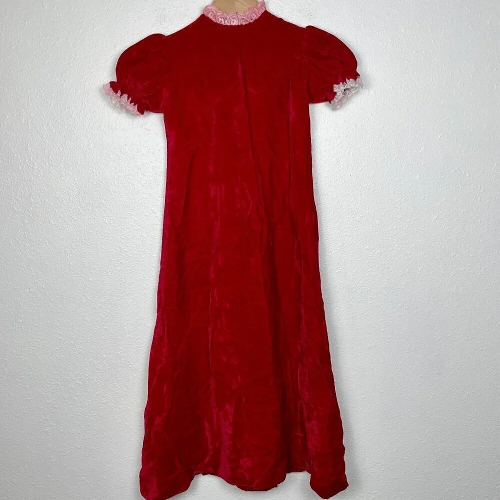 Vintage Little Girls Long Maxi Length Velvet Christmas Dress w. Bubble sleeves 6